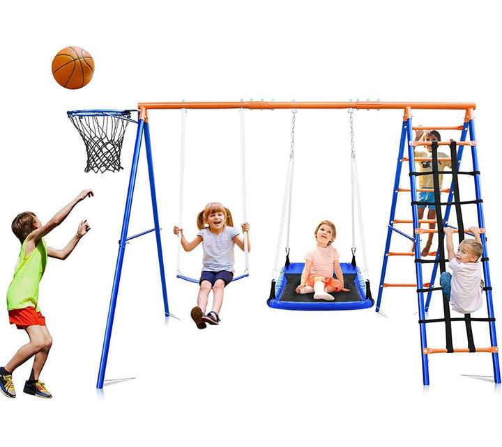 Kids Outdoor Swing Set With Slide - 3in1子供用スイング・滑り台・クライミングセット、ハンギングチェア付き、屋内外兼用遊具（裏庭・庭園用）