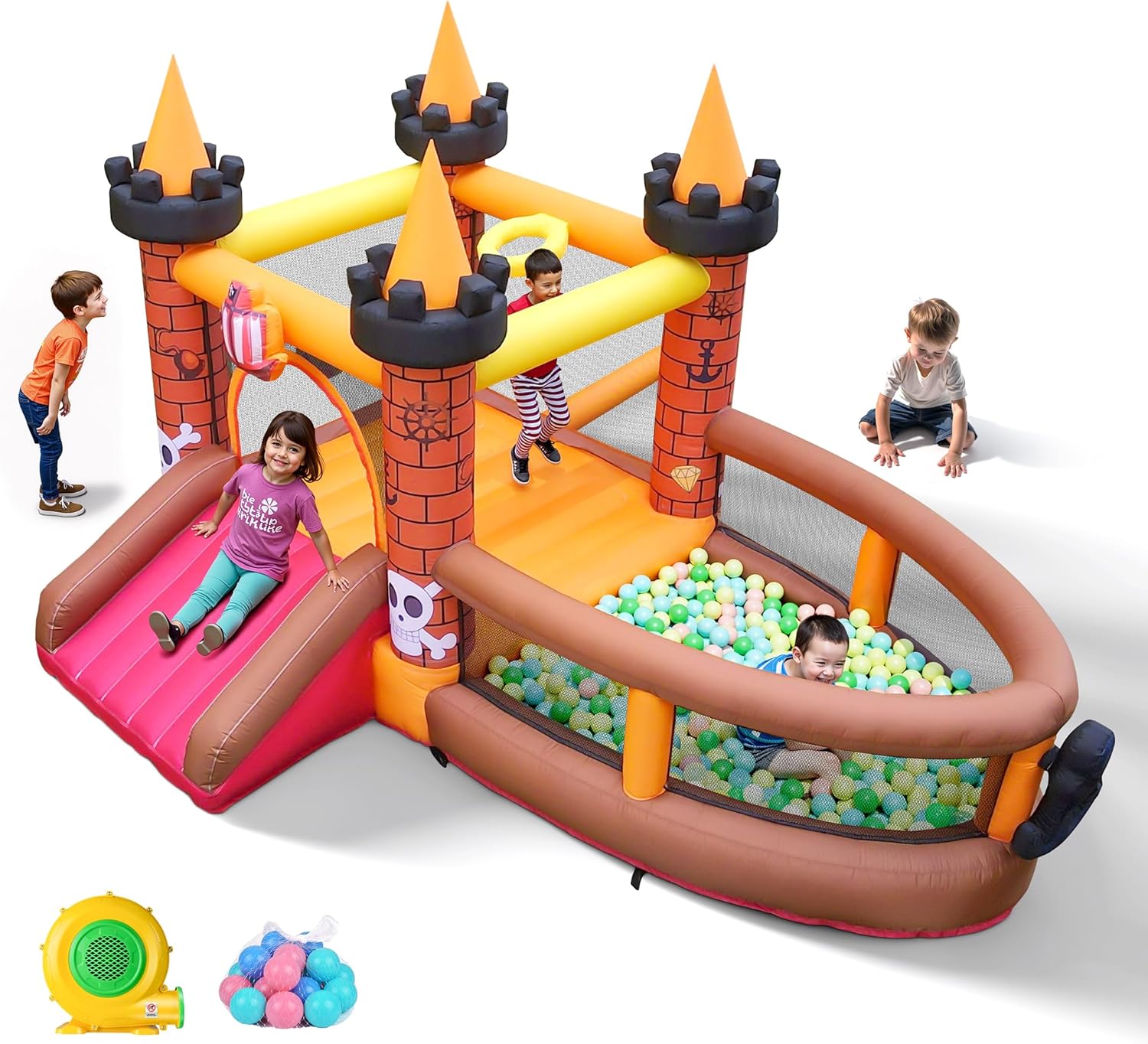 Kids Outdoor Inflatable - 子供用インフレータブルバウンスハウス（3～8歳向け）：滑り台付きジャンプバウンシーキャッスル - 480W送風機付き幼児用屋外用ブロワー付きインフレータブルバウンサー