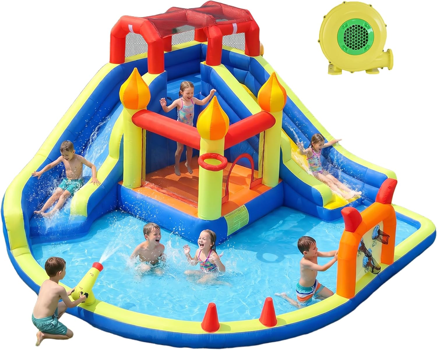 Kids Outdoor Inflatable - 子供用ジャンプキャッスル、長いインフレータブルウォータースライダー2本付き、裏庭での屋外遊び用550W送風機付き、子供用バウンスハウス