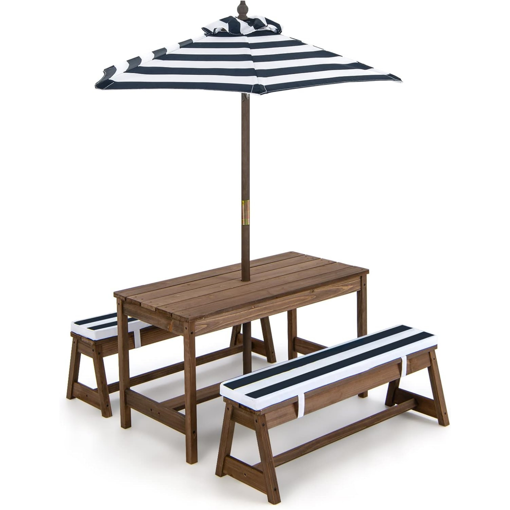 Kids Outdoor Bench Table - 子供用ピクニックテーブル（傘付き、折りたたみ式）、裏庭用木製テーブル＆ベンチセット（取り外し可能なクッション付き）、アクティビティ・アート・プレイテーブル、屋内外兼用幼児用ピクニックテーブル（パティオ、芝生、庭用）（ブルー）