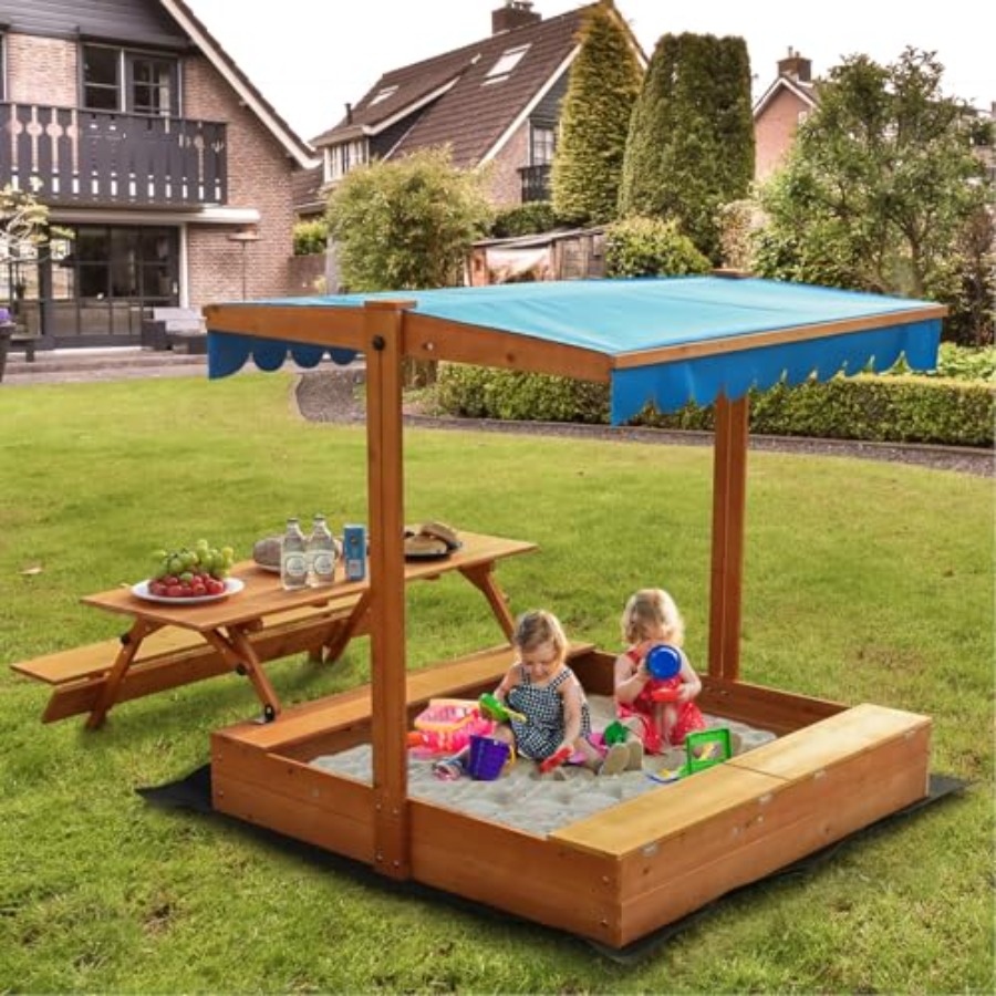 Kids Outdoor Bench Table - 裏庭用木製キッズサンドボックス、ピクニックテーブルと収納ボックス付き、天然木の色、折りたたみ式ベンチシート、蓋、引き戸付き
