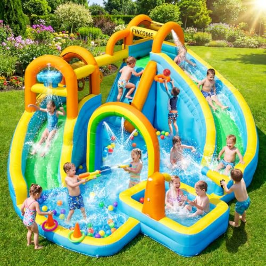 Kids Outdoor Inflatable - 子供用裏庭屋外インフレータブルウォータースライドパーク：PVC素材、青と黄色、スプラッシュプール付きデュアルスライド、バスケットボール付き