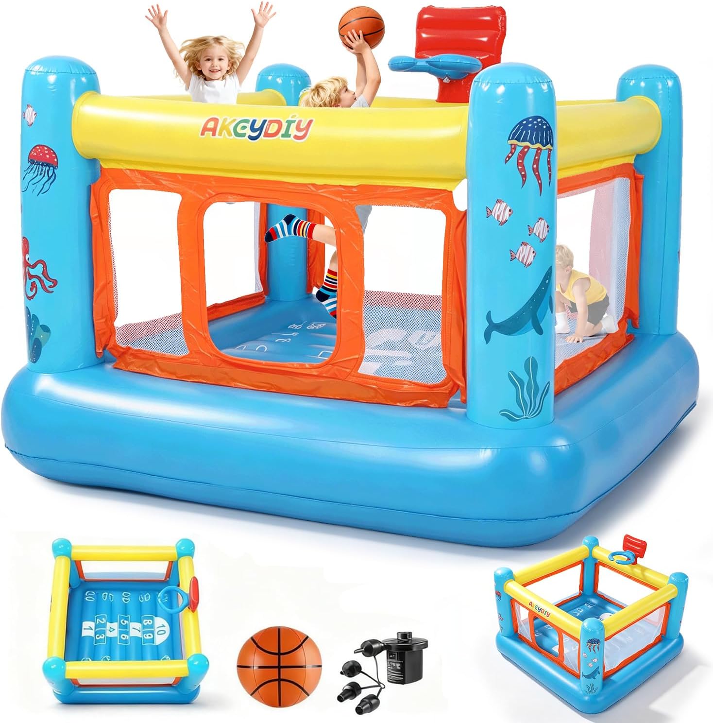 Kids Outdoor Inflatable - バウンスハウス、子供用PVC製インフレータブルバウンスハウス（3～6歳向け） | 屋内外兼用幼児用バウンスハウス、バスケットボールフープ付きジャンプキャッスル
