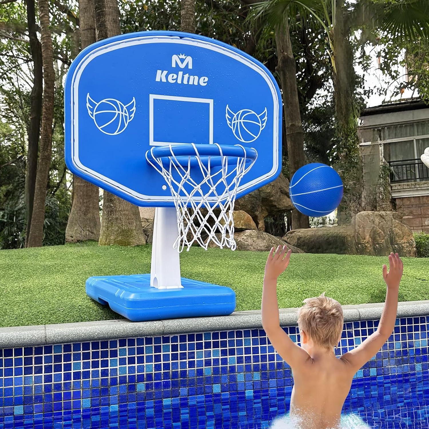 Kids Outdoor Games - 大型スイミングプールバスケットボールフープ、拡張された頑丈なベース付き、プールサイドのバスケットボールゲームに最適、ボール2個とポンプ付き、子供と大人向けの楽しい水遊び、夏の屋外エンターテイメント