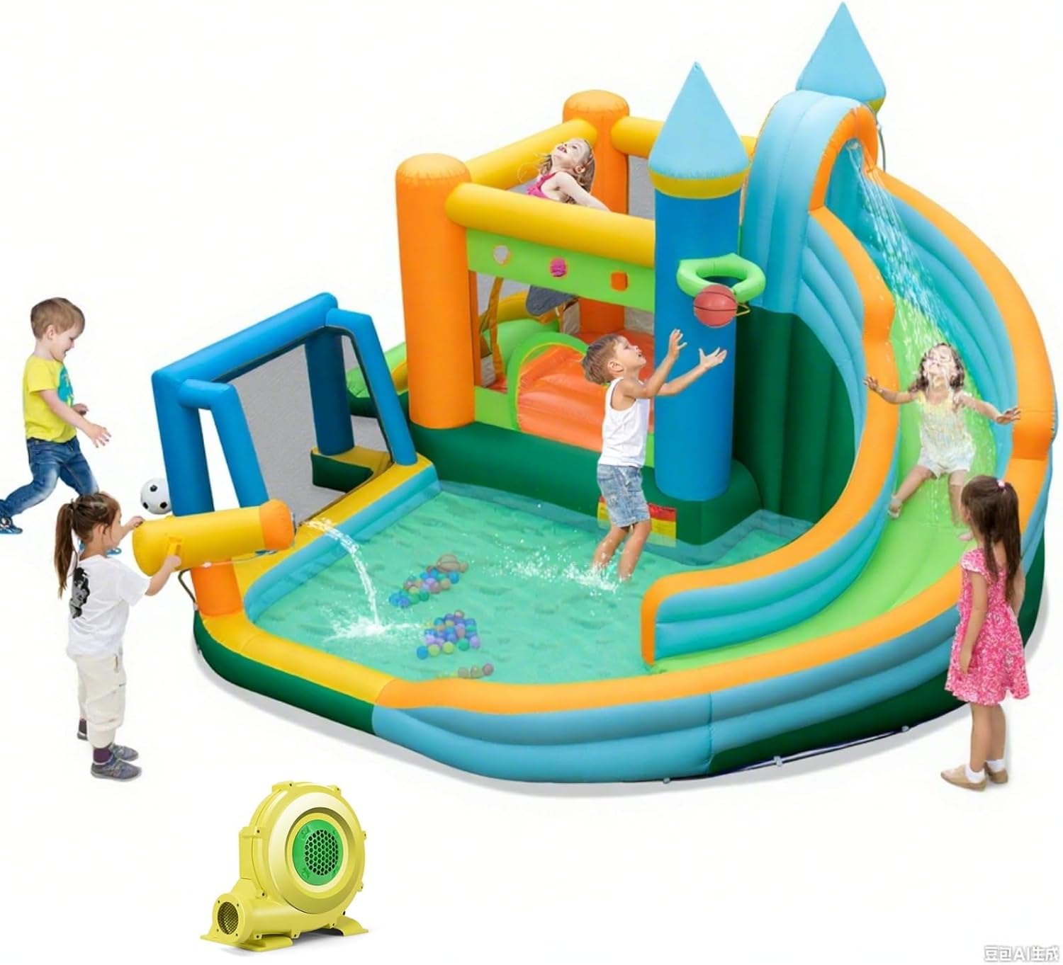 Kids Outdoor Inflatable - 9in1大型子供用インフレータブルウォータースライドバウンスハウス - ダブルスライド、オーシャンボール、サッカーゴール、送風機付き - 屋外裏庭ジャンプキャッスルギフト