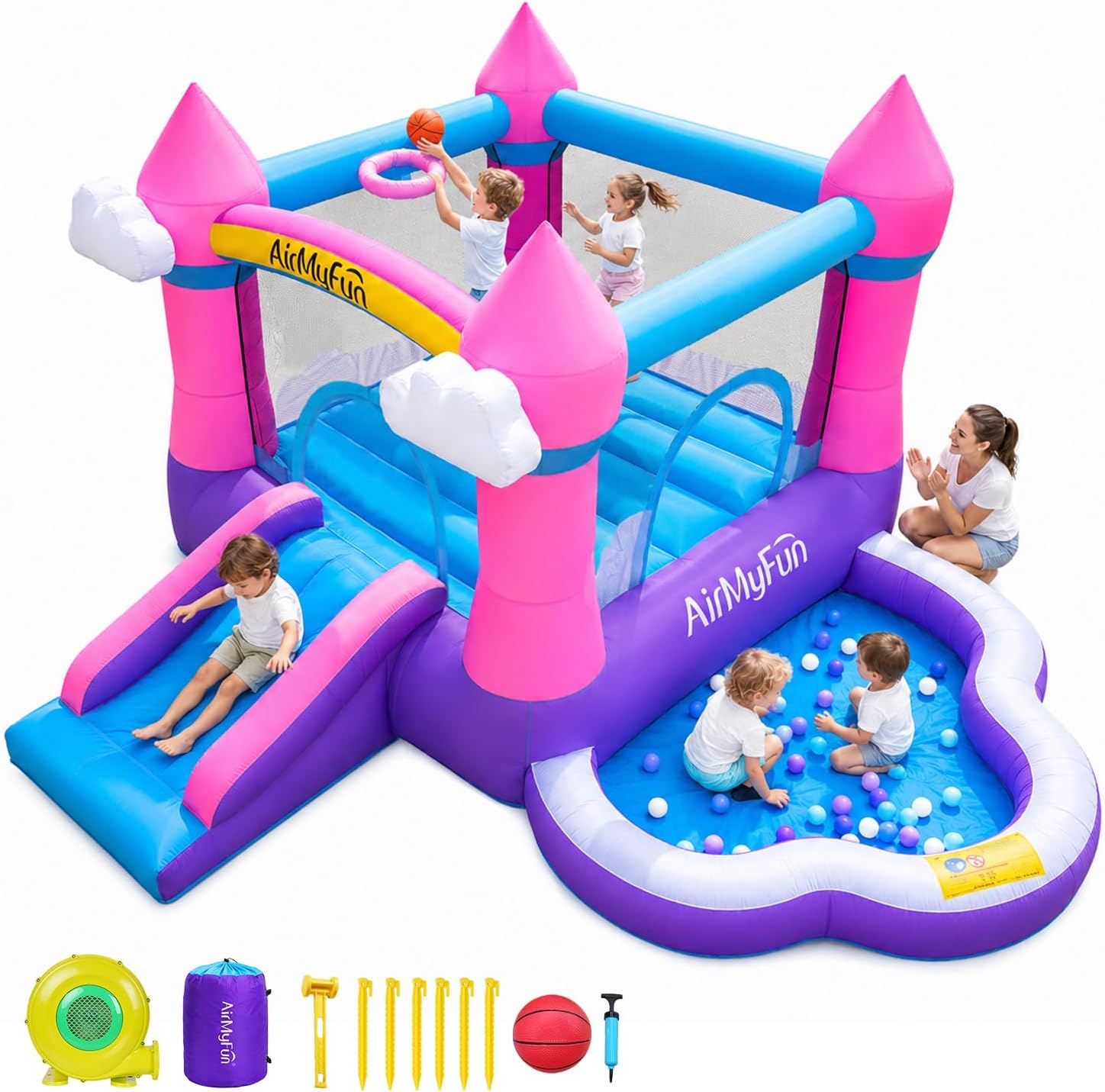 Kids Outdoor Inflatable - ピンクの屋内外兼用インフレータブルバウンスハウス（3～8歳向け）- スライド、送風機、水プール、ボールピット付きのバウンシーキャッスル