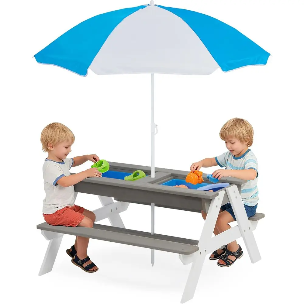 Kids Outdoor Play Table - 子供用3-in-1木製ピクニックテーブル、屋外砂場・水遊び用、4人掛け、傘付き