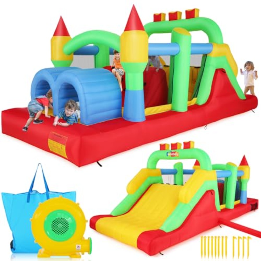 Kids Outdoor Inflatable - 裏庭用屋外インフレータブルバウンスハウス障害物コース、3～6歳と8～12歳のお子様向け、PVC素材、青と赤の色、特大サイズ