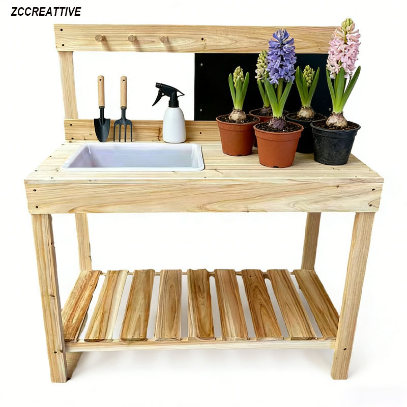 Kids Outdoor Bench Table - ZCCREATTIVE 子供用木製植栽台 屋外泥遊びキッチン ガーデン植栽テーブル 作業台 子供科学教育ツール