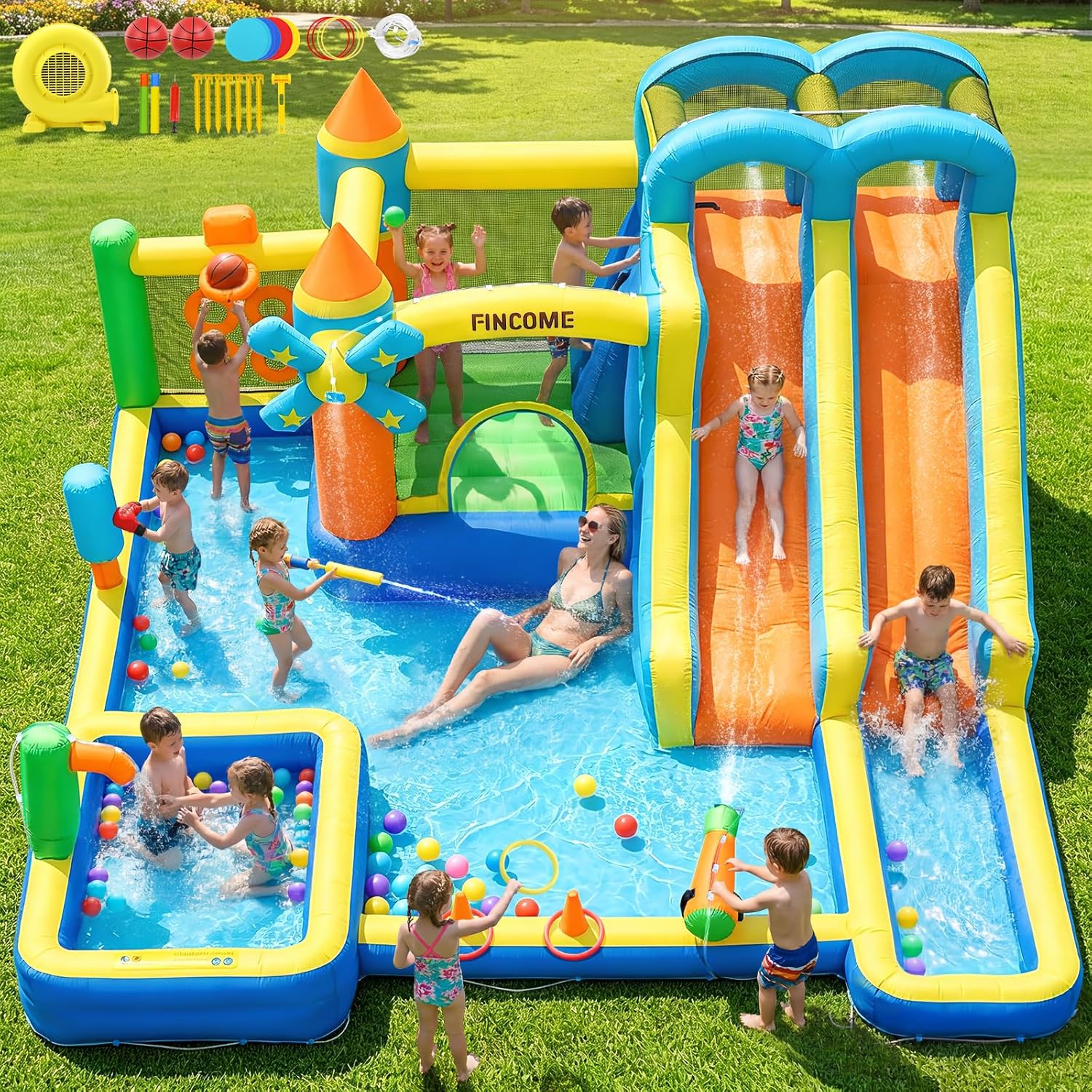 Kids Outdoor Inflatable - 10in1インフレータブルバウンスハウス、ダブルウォータースライド、クライミングウォール、ウォーターガン＆スプリンクラー付き - 750W送風機付き屋外キッズ用裏庭ウォーターパーク