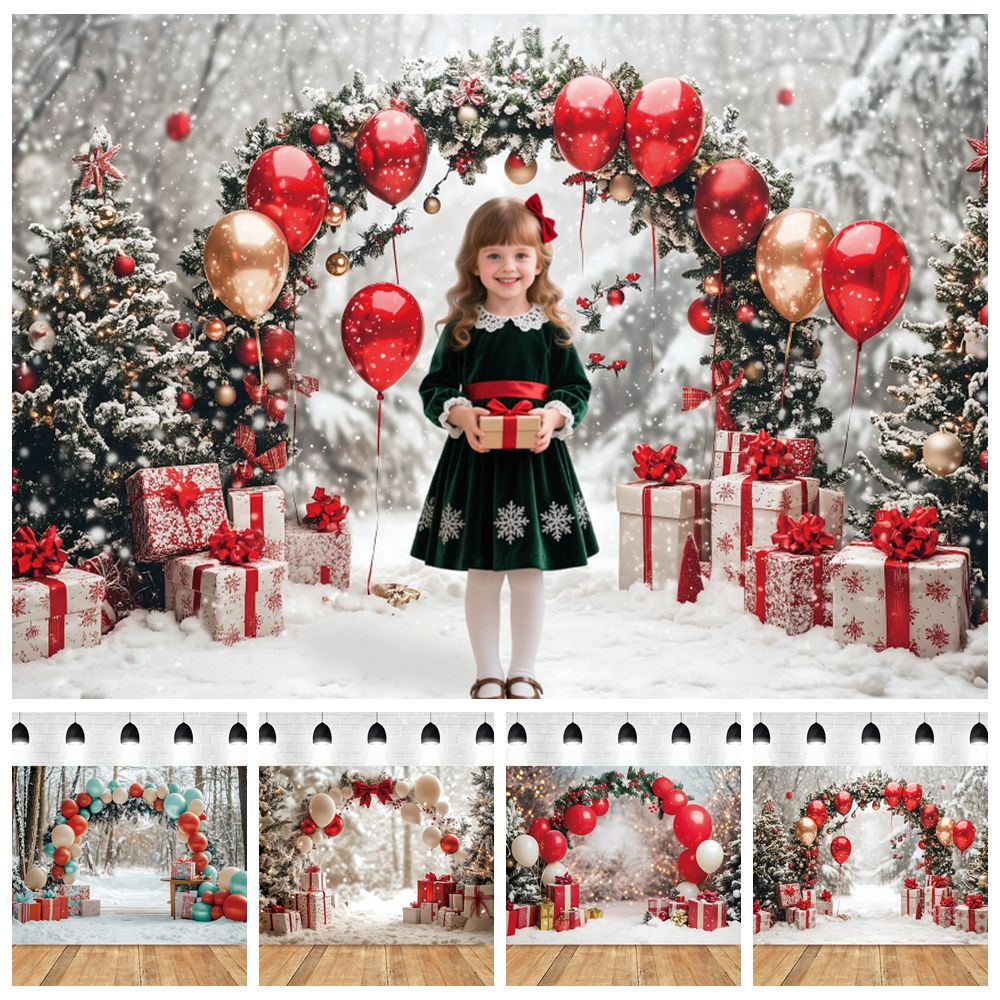 Kids Outdoor Xmas Gifts - 冬クリスマス写真撮影の背景アーチ風船クリスマスツリーギフト屋外雪の風景ベビーキッズポートレート写真撮影の背景