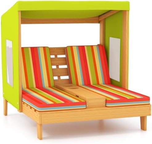 Kids Outdoor Lounger Chair - 子供用屋外用長椅子、幼児用木製ダブルプールラウンジャーチェア、カップホルダー付き、取り外し可能なストライプ生地