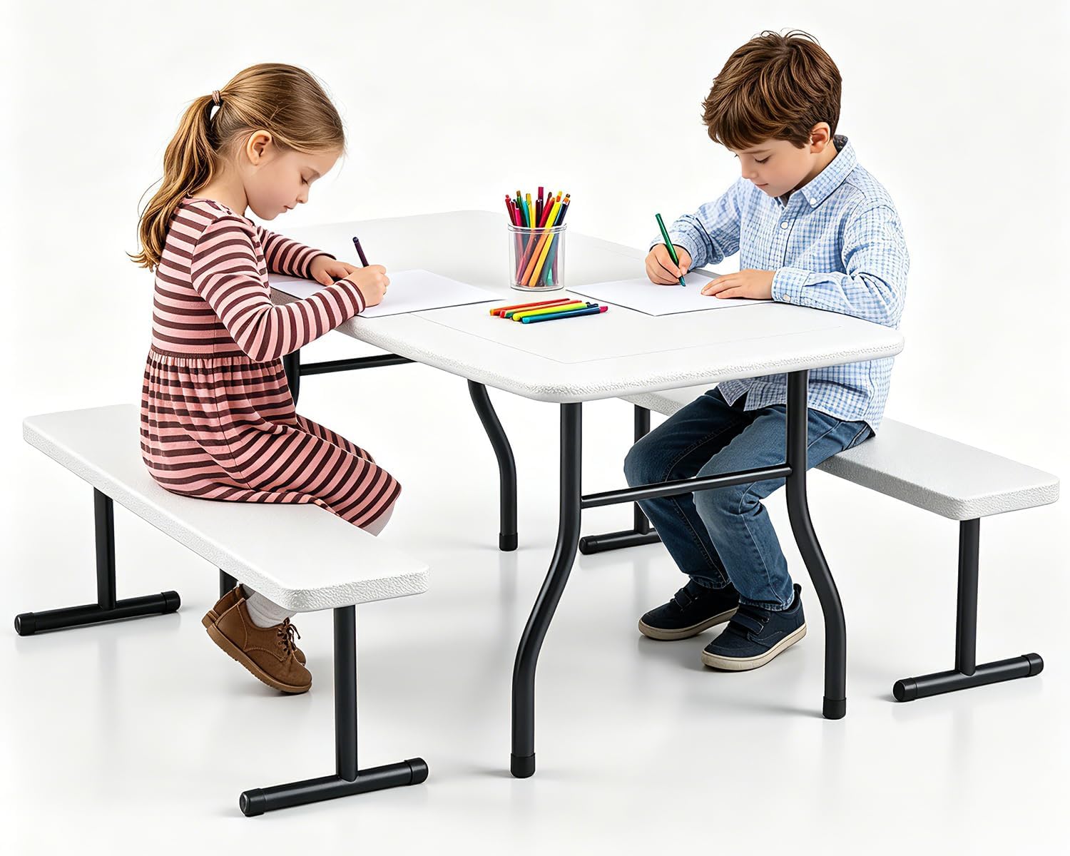 Kids Outdoor Bench Table - 38インチ子供用ピクニックテーブルセット（4人用）、HDPE製屋外幼児用テーブルとベンチ、300ポンド耐荷重、裏庭、庭、室内遊びに最適