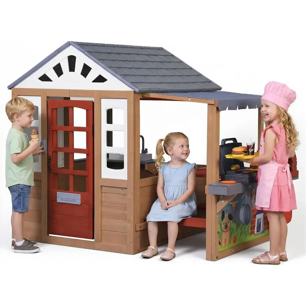 Kids Outdoor Play Table - 子供用屋外木製プレイハウス、CeWoodenプレイハウス、3歳から8歳のお子様向け、BBQグリル、キッチンセット、ピクニックテーブル、お絵かき用ホワイトボード付き