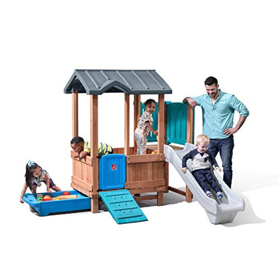 Kids Outdoor Swing Set With Slide - ウッドランドアドベンチャー プレイハウス＆スライド、子供用屋外遊具セット、裏庭遊具セット、ブランコ、収納引き出し、木製＆耐久性素材製