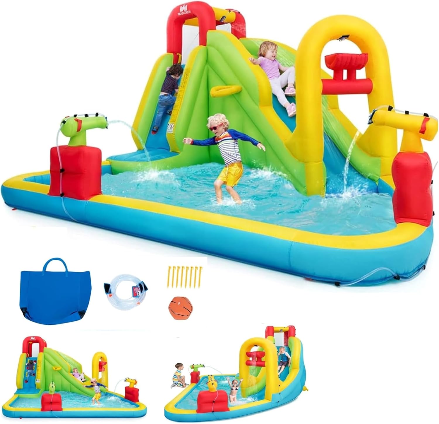 Kids Outdoor Inflatable - 巨大なインフレータブルウォーターパーク遊具 - 子供用ブロウアップウォータースライド、スプラッシュプール、水遊び場、クライミングウォール付き、屋外裏庭ファミリーファンパーティー用ギフト（5歳～12歳対象）