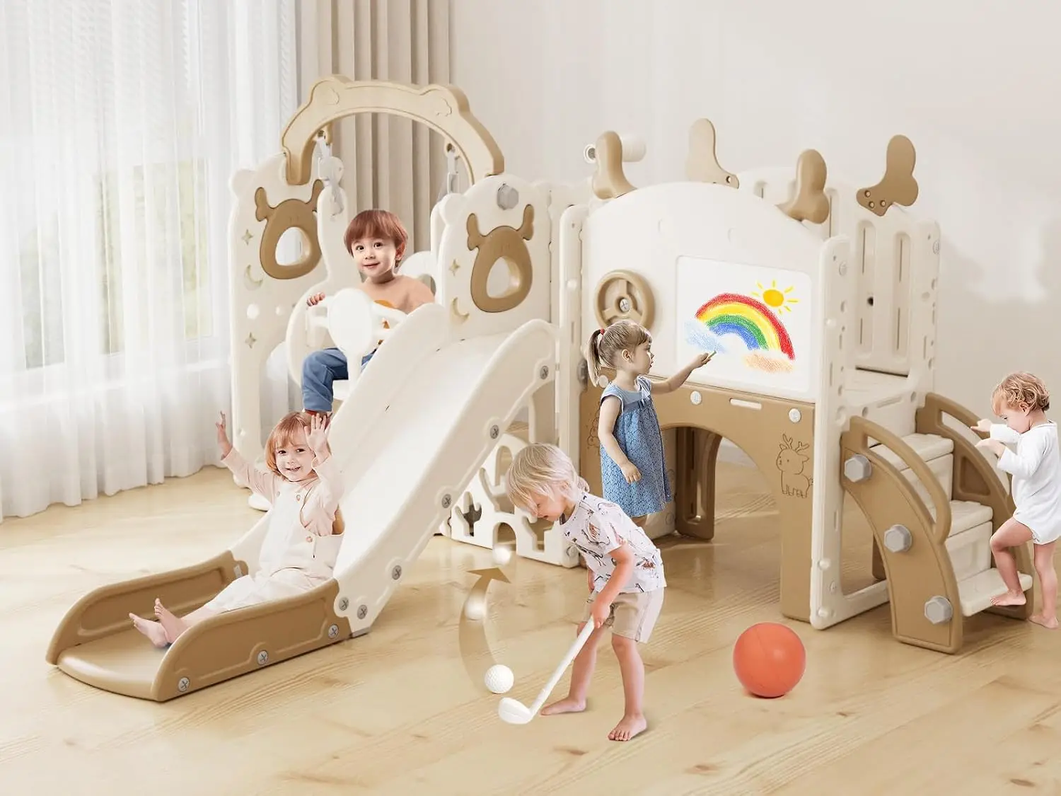 Kids Outdoor Swing Set With Slide - 13-in-1幼児用スライド＆スイングセット、1歳以上のお子様向けキッズスライド、ゴルフセットとバスケットボール付きの新改良版幼児用屋外プレイセット
