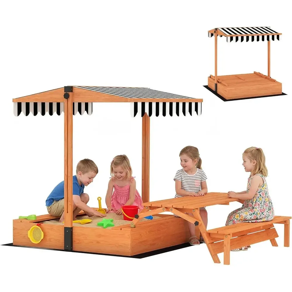 Kids Outdoor Bench Table - Qabaキッズサンドボックス（蓋付き）、木製砂場、折りたたみ式ピクニックテーブル、ベンチシート、底面ライナー、カバー付き屋外砂場