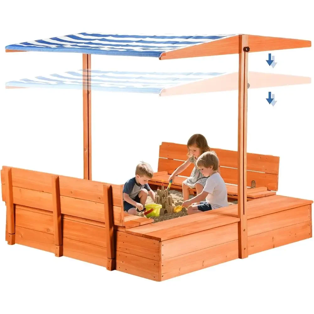 Kids Outdoor Bench Table - 子供用木製屋外砂場（カバー付き）、折りたたみ式収納ベンチシート付き砂場、保護用底面ライナー付き砂テーブル