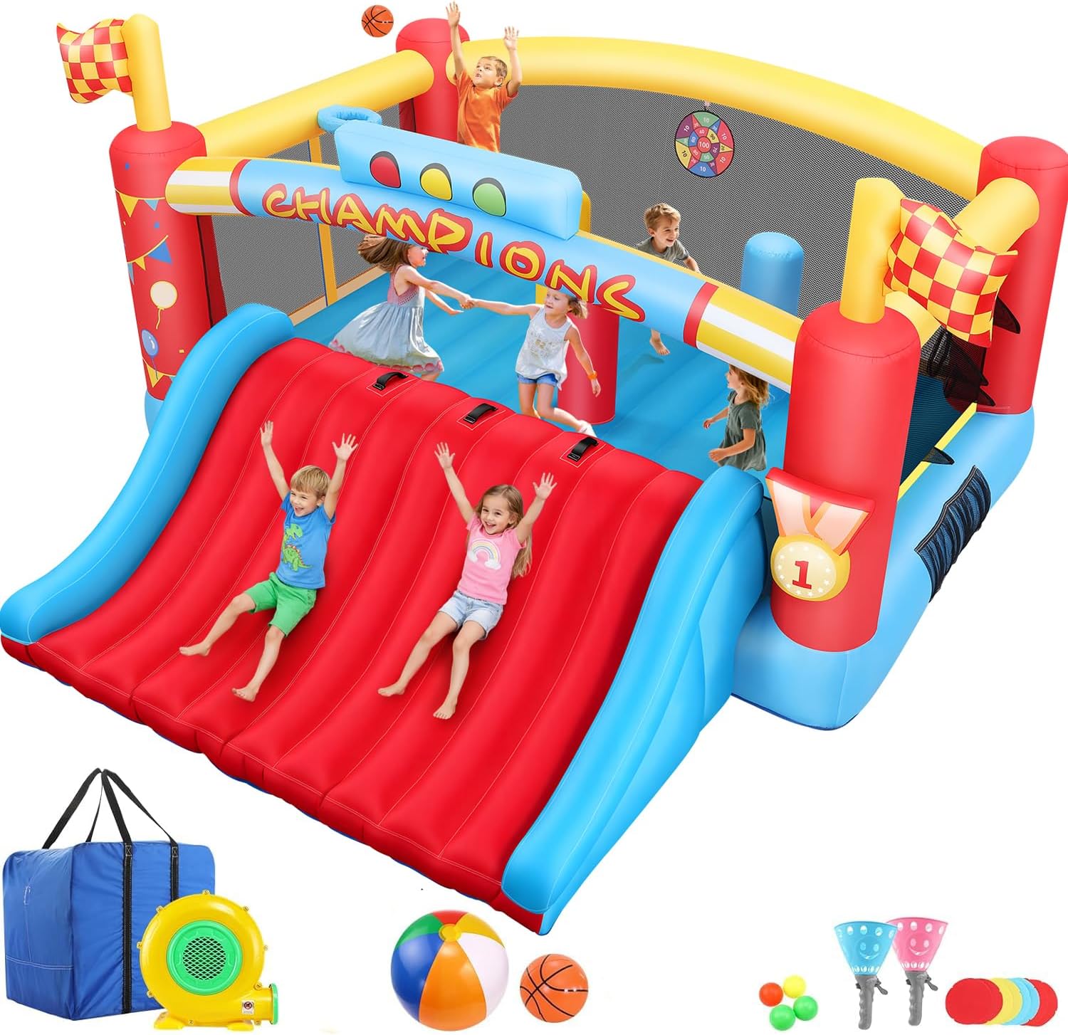 Kids Outdoor Inflatable - 大きな子供向けインフレータブルバウンスハウス、13フィート屋外用インフレータブルバウンサー（送風機付き）、ダブルバスケットボールフープ、投球ゲーム
