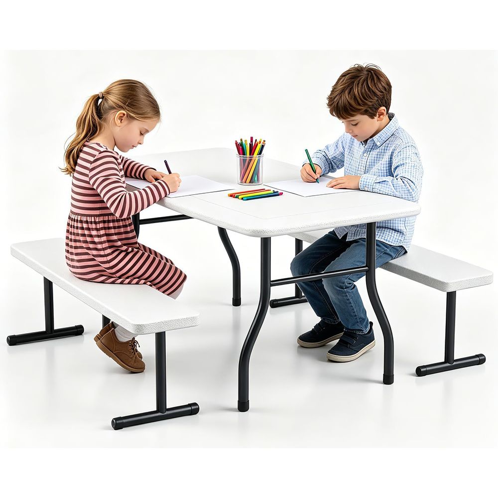 Kids Outdoor Bench Table - 子供用ピクニックテーブルとベンチ、38インチ屋外幼児用テーブルセット（4人用）、頑丈なHDPE製プレイテーブル、耐荷重300ポンド、キッズP