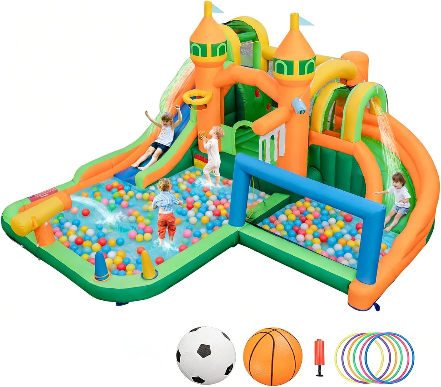 Kids Outdoor Inflatable - 9in1インフレータブルウォーターパークバウンスハウス（デュアルスライド、スプラッシュプール、ウォーターサッカー付き）- 3歳以上の大きなお子様向け屋外ジャンプキャッスル