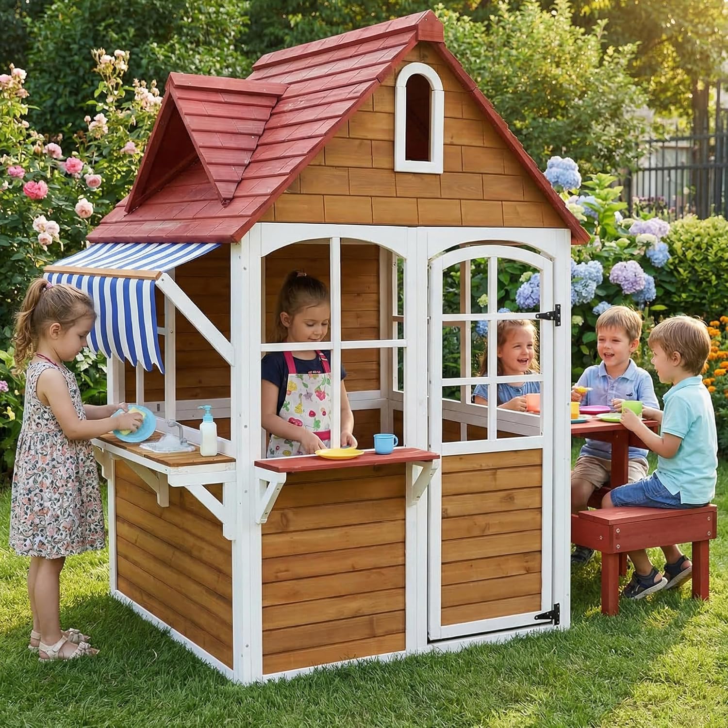 Kids Outdoor Bench Table - # 屋外木製キッズプレイハウス（シンク、テーブル、キャノピー、ベンチ、植木鉢ホルダー付き）、オープンビューの裏庭、カスタマイズ可能