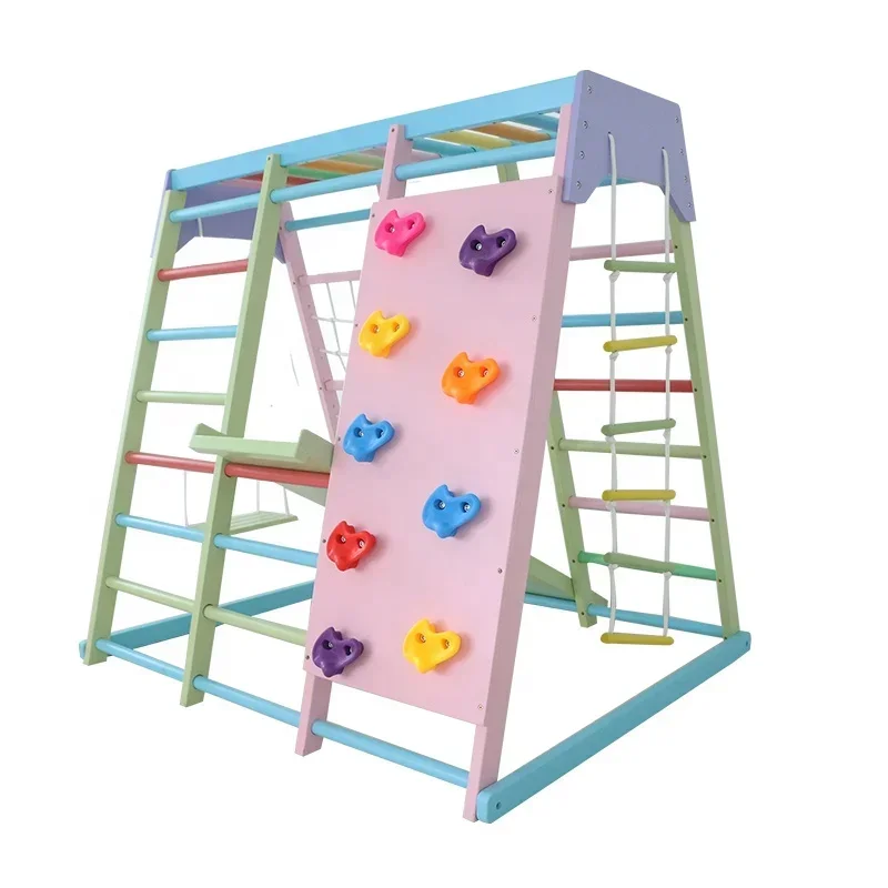 Kids Outdoor Swing Set With Slide - 子供用木製クライミングフレーム屋内セット、ブランコ、滑り台、ジャングルジム付き、家庭用および学校用屋外遊具