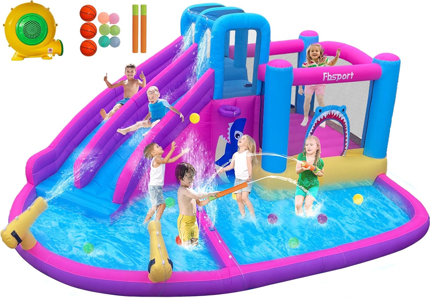Kids Outdoor Inflatable - 子供用ツインウォータースライドインフレータブルバウンスハウス、ボールピット、ウォーターキャノン、クライミングウォール付き – 裏庭、屋内、屋外で使用できる550Wエアブロワー付き子供用バウンシーキャッスル
