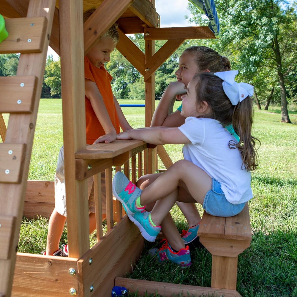 Kids Outdoor Monkey Bar Set - 米国発送 シダーウッド製 裏庭用ブランコセット ウェーブスライド プレイデッキ モンキーバー付き