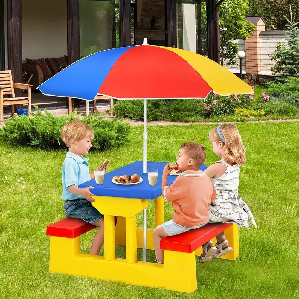 多色の屋外用子供ピクニックテーブルセット、取り外し可能な傘付 - Kids Outdoor Bench Table のレビューと価格