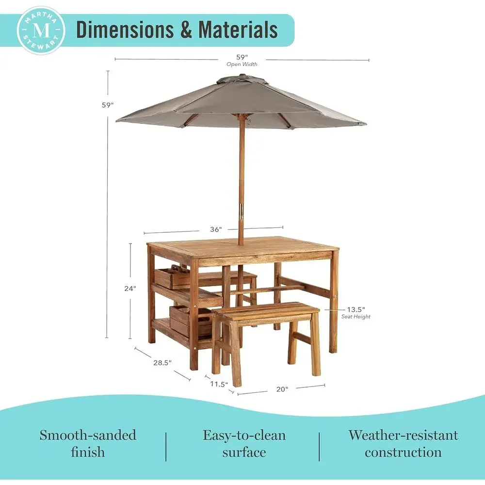 子供用屋外クレートテーブル、ベンチ＆傘セット：アカシア材製ア - Kids Outdoor Bench Table のレビューと価格