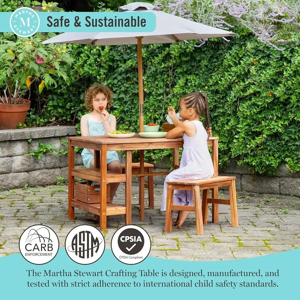 子供用屋外クレートテーブル、ベンチ＆傘セット：アカシア材製ア - Kids Outdoor Bench Table のレビューと価格
