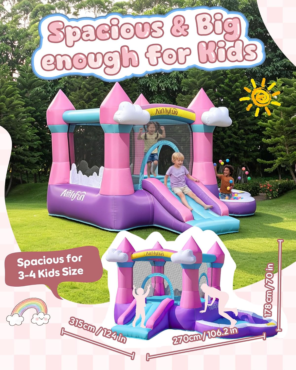 ピンクの屋内外兼用インフレータブルバウンスハウス（3～8歳向 - Kids Outdoor Inflatable のレビューと価格