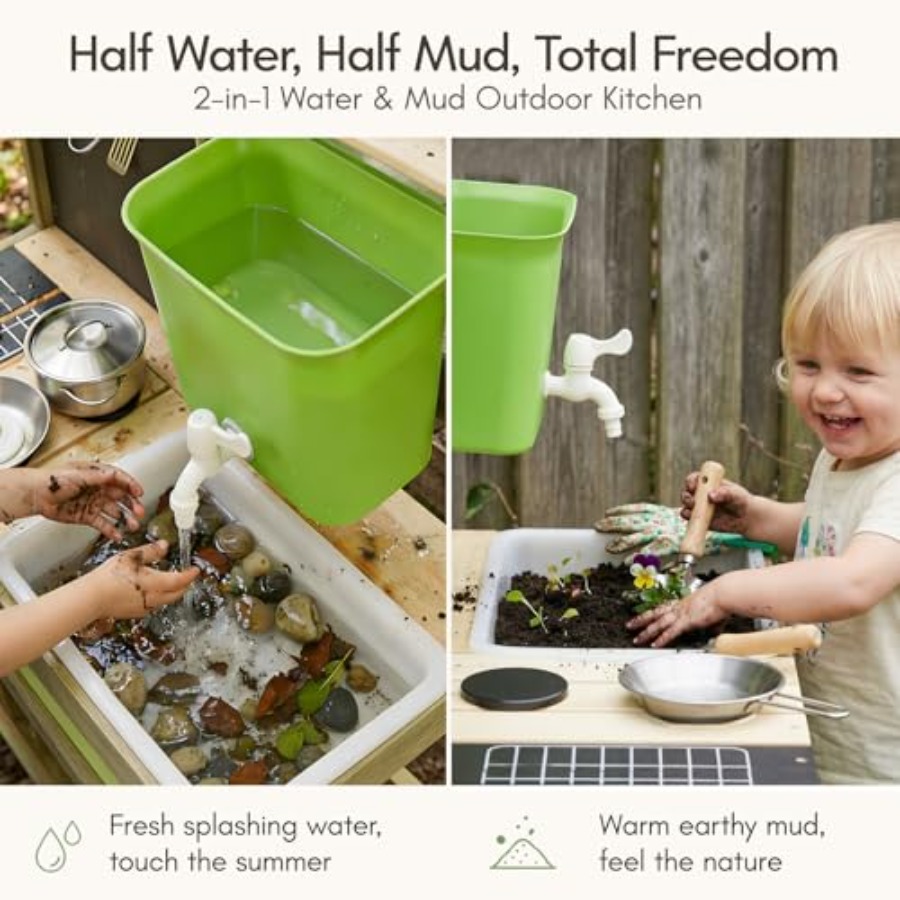子供用屋外泥遊びキッチン：天然木色の木製プレイセット、4.8 - Kids Outdoor Mud Table のレビューと価格
