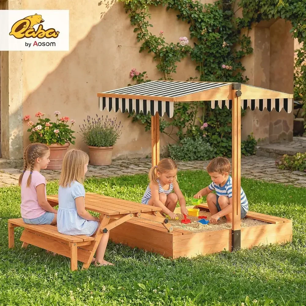 Qabaキッズサンドボックス（蓋付き）、木製砂場、折りたたみ - Kids Outdoor Bench Table のレビューと価格