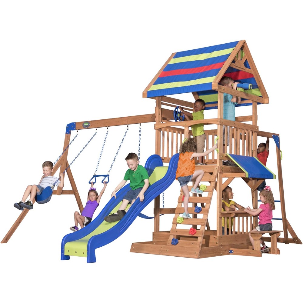 米国発送 シダーウッド製 裏庭用ブランコセット ウェーブスラ - Kids Outdoor Monkey Bar Set のレビューと価格